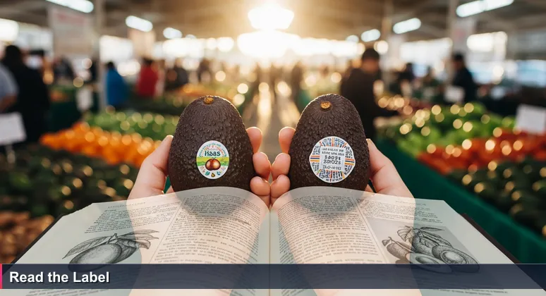 Hands at Visalia Farmers Market comparing two Haas avocados with different labels, symbolizing the hidden details in AI salary offers for 2026 careers.