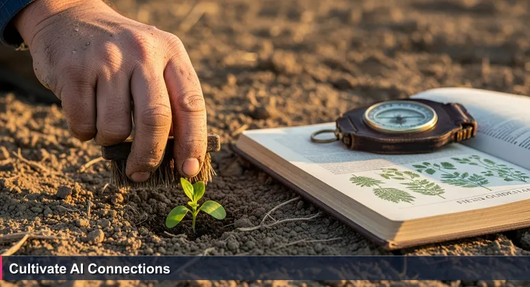 A farmer's hand gently nurturing a single green seedling in a dry field at sunrise, symbolizing the growth of AI networks in Visalia, California.