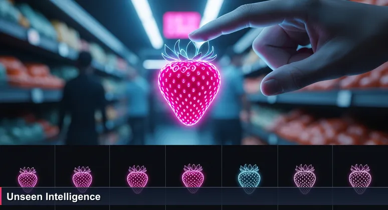 Close-up of a hand checking a strawberry for ripeness in a Visalia grocery store, symbolizing the hidden AI technology in everyday products.