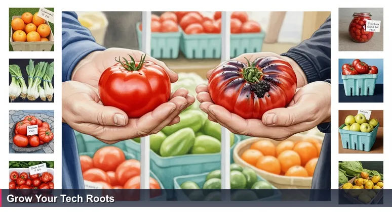 Two hands at a Visalia farmer's market: one holding a shiny supermarket tomato, the other a fresh, earthy heirloom tomato, symbolizing tech career choices with substance over shine.