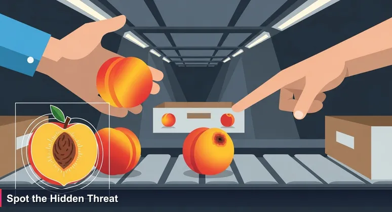 Close-up of hands sorting peaches on a conveyor belt in a Visalia packing house, symbolizing the vigilance required for cybersecurity roles in detecting threats.