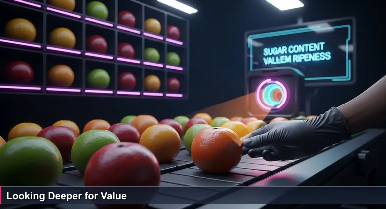 Close-up of a gloved hand holding fruit on a conveyor belt in a Visalia packing house, with a high-tech scanner displaying data in the background.