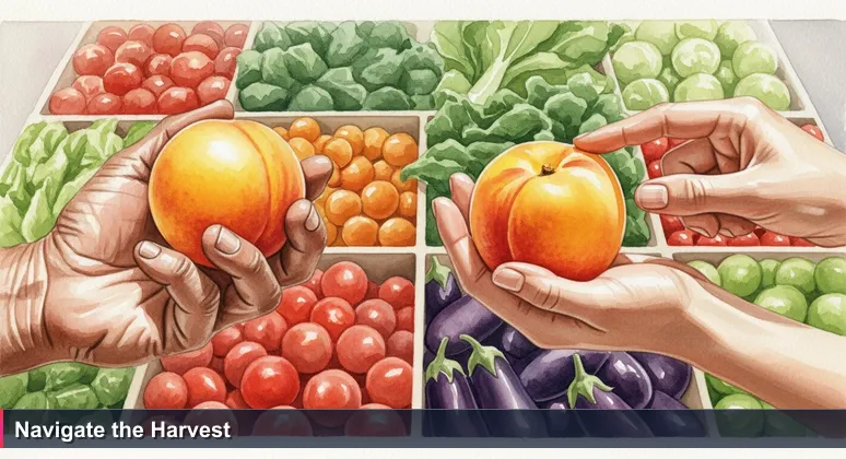 Two hands holding ripe peaches at a Visalia farmers market, symbolizing the abundance of free tech training choices for residents.