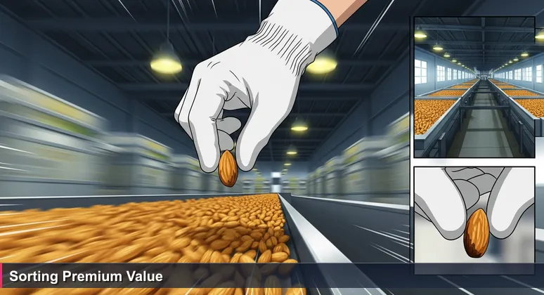 A worker's gloved hand selecting a single almond from a fast-moving conveyor belt in a Visalia processing plant, symbolizing AI-driven quality control in local industries.