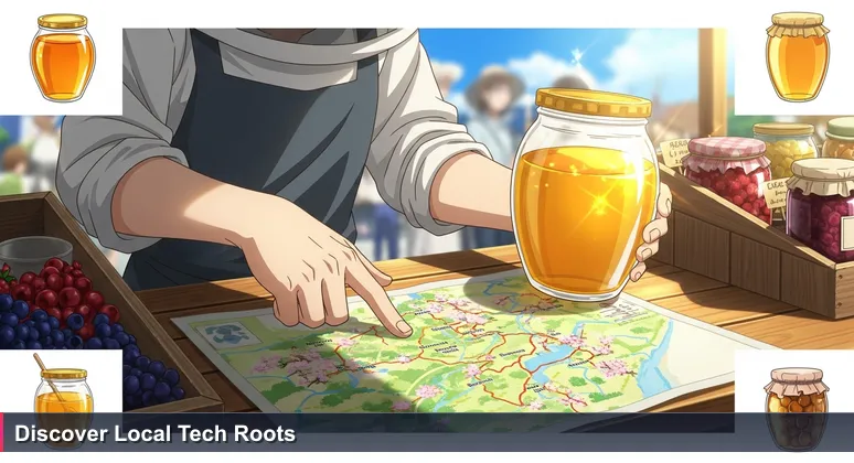 A beekeeper points to a map showing the honey's source at a Visalia farmers market, symbolizing local roots and community connections in tech.