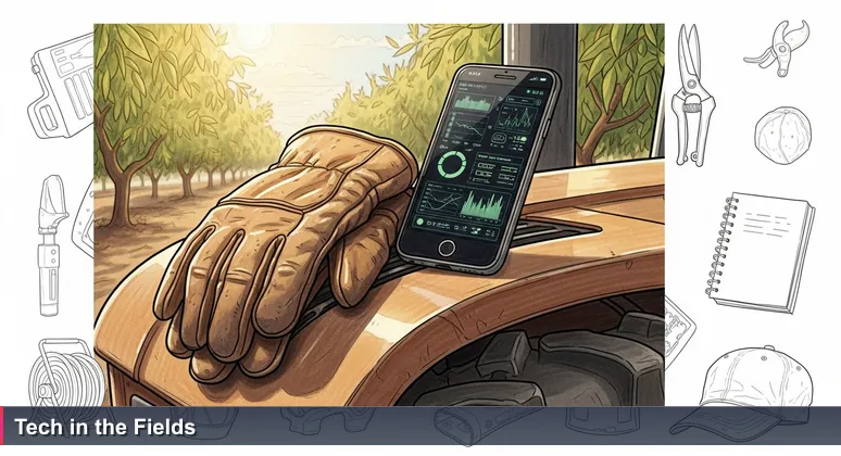 Work gloves and a smartphone with a network monitoring dashboard on a tractor fender in an almond orchard, symbolizing hybrid ag-tech and practical tech career opportunities in Visalia, California.