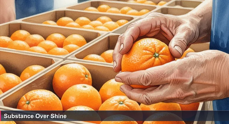 Close-up of hands in a Visalia packing house expertly checking a navel orange for ripeness by assessing its heft and texture.