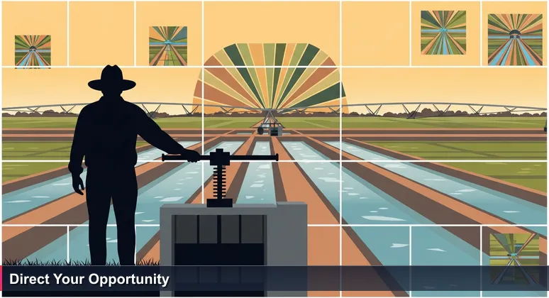 Silhouette of a farmer at dawn in the Central Valley, standing at an irrigation canal junction, symbolizing navigating tech career resources for women.