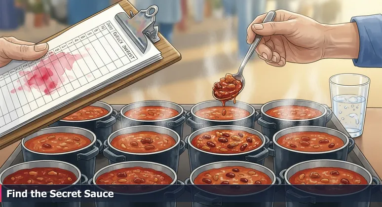 A judge at a chili cookoff evaluates pots of chili with a clipboard and spoon, symbolizing the ranking of AI startups in Fayetteville's 2026 scene.