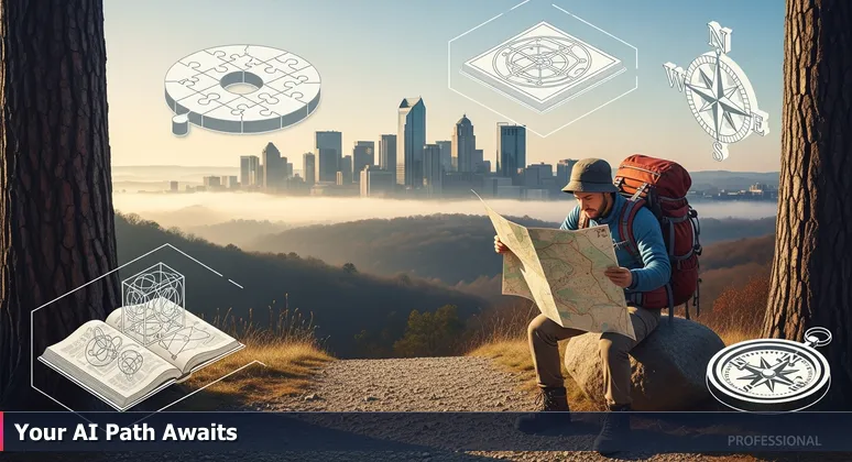 A hiker at an Ozark trailhead focusing on an old map, with the Bentonville skyline in the distance, representing the path to AI careers in Northwest Arkansas.