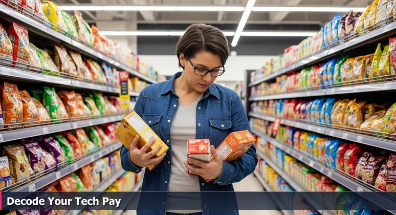 A person looking overwhelmed in a grocery cereal aisle, symbolizing the challenge of choosing a tech career in Fayetteville based on compensation.