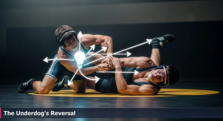 A wrestler in mid-reversal, symbolizing Fayetteville's strategic tech ascent as an underdog city in 2026, with tension and leverage visible.