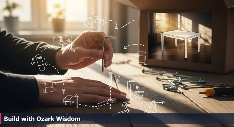 Hands with an Allen wrench over an exploded furniture diagram on a wooden table, symbolizing the step-by-step process to build an AI career in Fayetteville, Arkansas.