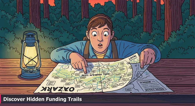 A close-up of an Ozark trail map on a rustic picnic table, with fingers pointing to multiple paths, symbolizing diverse funding options for tech training in Northwest Arkansas.