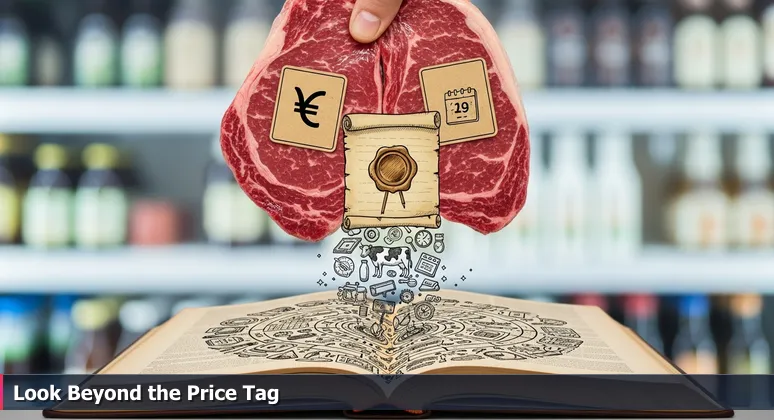 Illustration of a shopper comparing two steaks with different price tags and labels, symbolizing the deep analysis required for AI salary offers in Fayetteville, Arkansas.