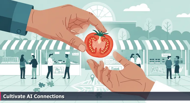 A farmer's hand passes a ripe tomato to a customer at Fayetteville Farmers' Market, illustrating community exchange in AI networking events.