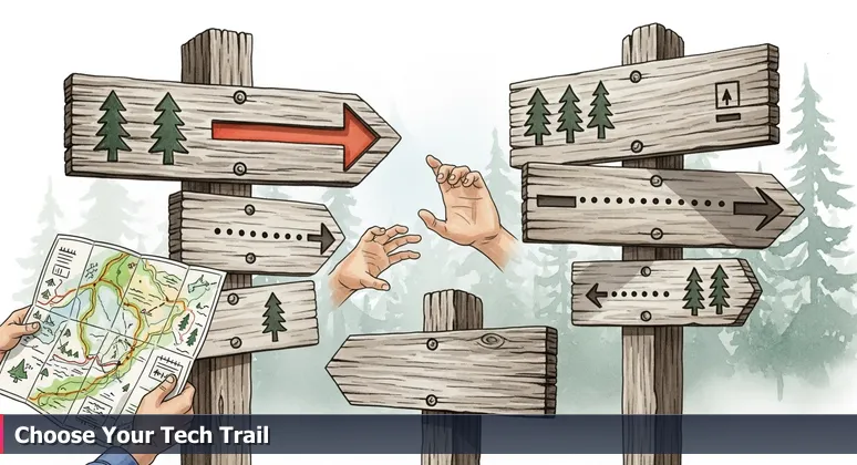 A weathered wooden trailhead sign in the Ozarks with arrows pointing to different paths, symbolizing tech career choices and opportunities in Fayetteville, Arkansas.