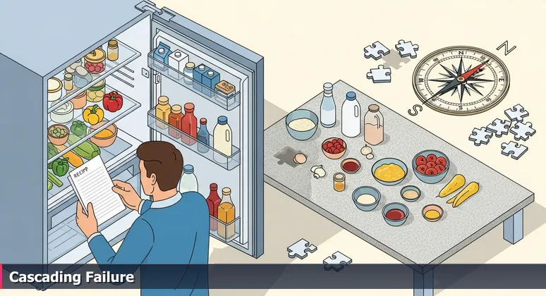 Close-up of a cook's hands holding a recipe card, staring into an open fridge with ingredients laid out, representing the missing link in cybersecurity defense.