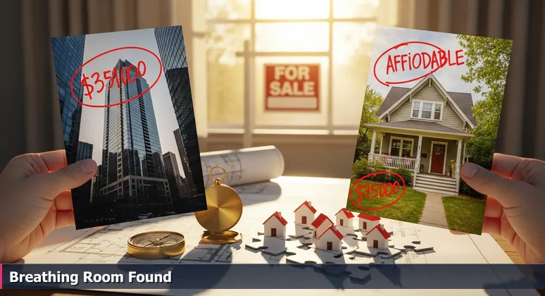 A person's hands holding two property listings: a costly urban condo and an affordable Fayetteville home with a yard, illustrating the cost of living comparison.