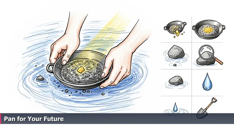 Hands sifting sediment in a river, finding a gold fleck, representing the discovery of valuable free tech training in Fayetteville.