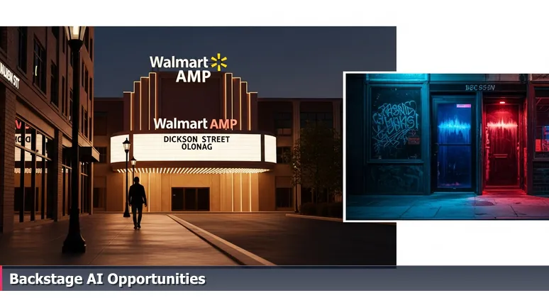A person on Dickson Street in Fayetteville looks at the distant Walmart AMP marquee while missing a vibrant music venue next door, symbolizing overlooked AI career opportunities in local industries.