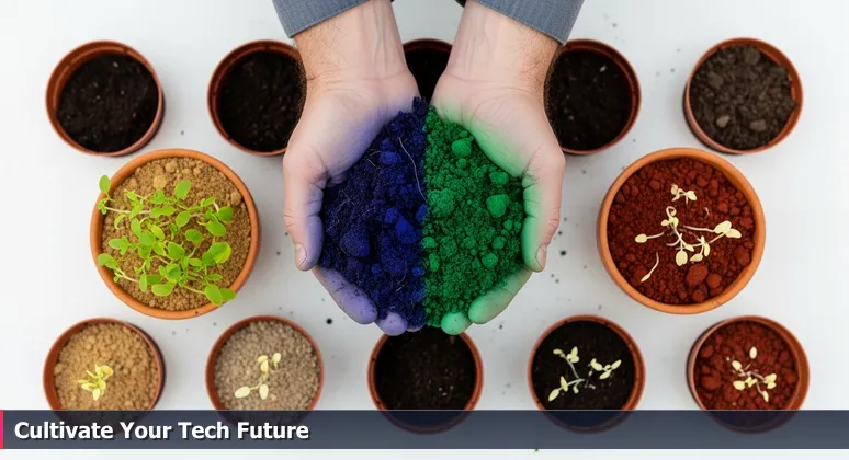 Hands of a gardener testing different soil samples with labeled pots containing seedlings, symbolizing the search for the right tech coworking space in Fayetteville, AR.