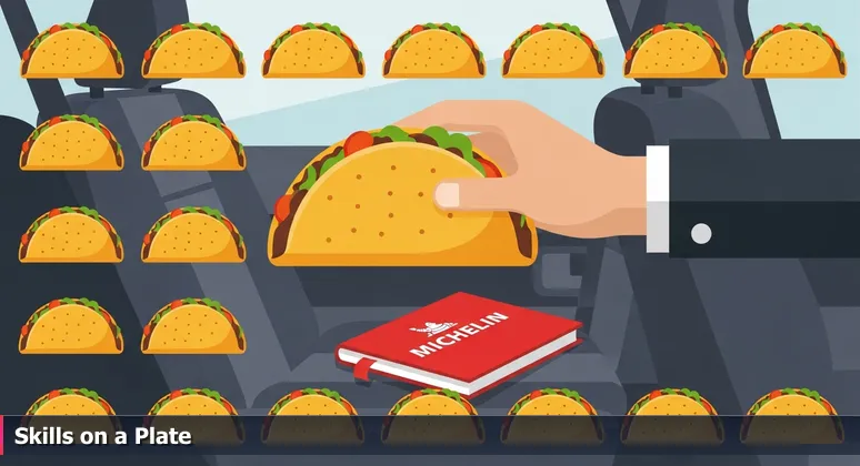 A hand tasting food from a food truck taco, with a Michelin Guide book ignored in the background, symbolizing that in Fayetteville's tech job market, skills are valued more than formal degrees.