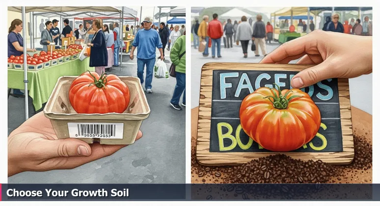 Hands holding two heirloom tomatoes at Fayetteville Farmers Market, symbolizing the choice between different startup environments for junior developers.