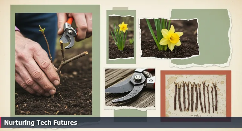 Hands pruning a young fruit tree in a Fayetteville garden, symbolizing the nurture of women's tech careers in Northwest Arkansas.