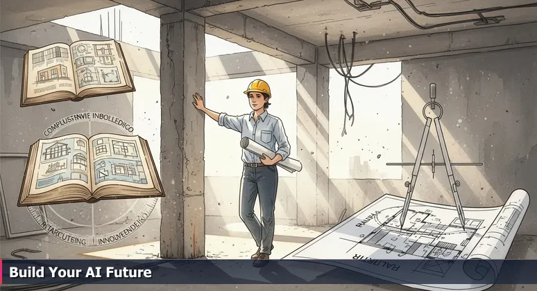 A young architect holding blueprints in an unfinished building, symbolizing the transition from AI theory to practical career building in Raleigh, NC.