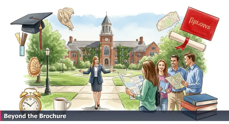 A college tour guide on a sunny quad with a group of prospective students and parents, one skeptically examining a campus map, symbolizing the search for real value in tech job rankings.