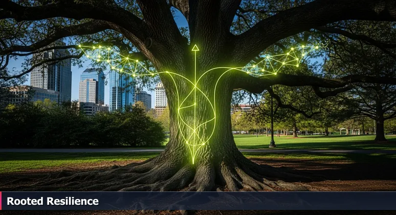 A massive oak tree in a Raleigh park with visible roots and new green shoots, with downtown Raleigh's glass towers in the background, symbolizing tech career resilience.