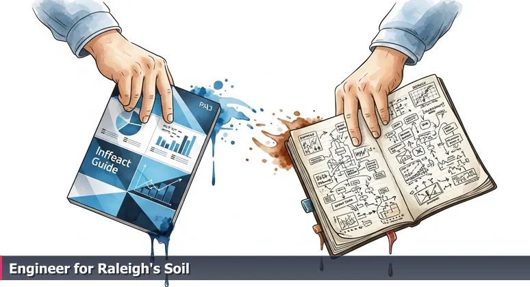 A close-up of hands holding a glossy AI engineer roadmap booklet and a coffee-stained notebook with handwritten local tips for Raleigh's tech scene.