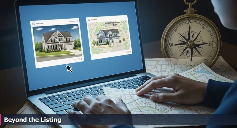 Hands on a laptop displaying real estate listings in Raleigh, symbolizing the evaluation of AI salary offers in the Triangle's ecosystem.