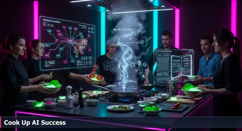 A bustling communal kitchen scene with diverse chefs collaborating around a central island, chalkboard with AI diagrams, and vibrant ingredients, symbolizing Raleigh's dynamic AI networking events.