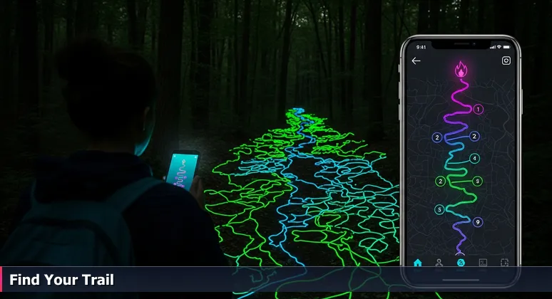 A hiker at Umstead State Park trailhead in Raleigh looks at a smartphone showing a top 10 trails list, with dense forest paths in the background, symbolizing AI career exploration in the Research Triangle.