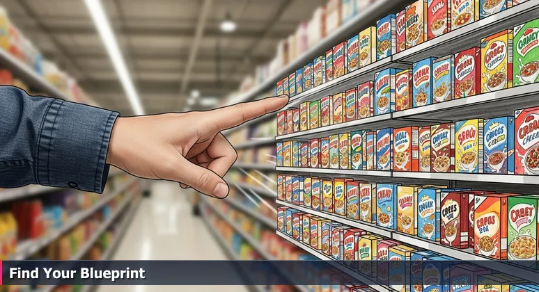 A hand hesitating in a grocery store cereal aisle with colorful boxes labeled with health claims, symbolizing the choice paralysis in selecting an AI bootcamp.