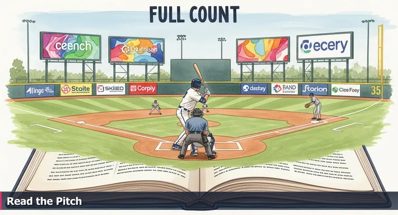 A tense moment at a Durham baseball game, batter focused on the pitcher with tech company billboards in the background, representing cybersecurity anticipation in Raleigh.