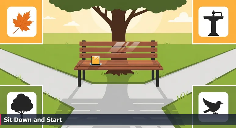 A sturdy wooden bench in a Raleigh park at golden hour with a laminated 'Free WiFi' sign, symbolizing accessible tech education starting points.