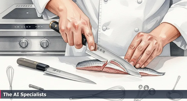 A close-up of a chef's hand using a sharp Japanese deba knife to precisely cut a fish, with a modern induction range blurred in the background.