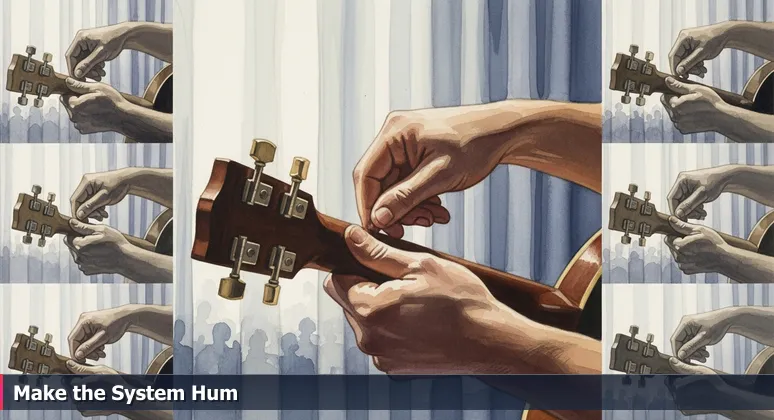 Hands tuning a guitar backstage, symbolizing hands-on skill preparation for tech jobs in Raleigh without a degree.