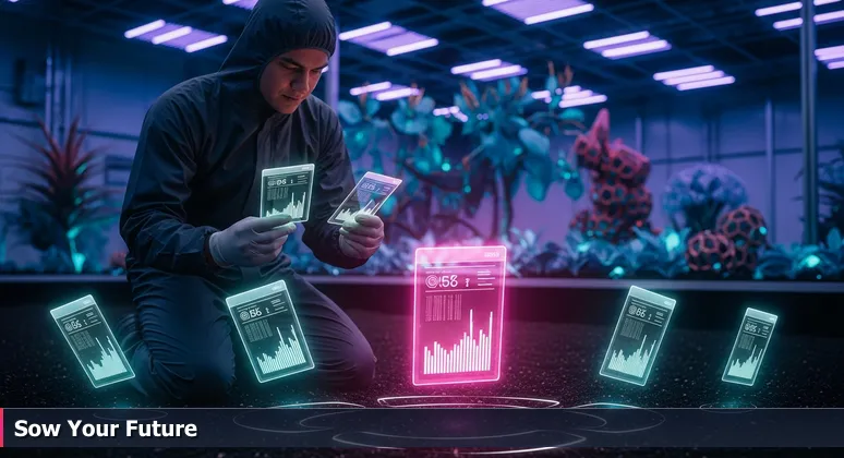 A gardener in spring soil comparing two seed packets, symbolizing the careful choice of tech startups for career growth in Raleigh's thriving ecosystem.