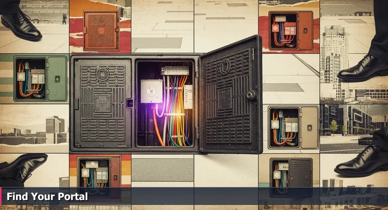 A cast-iron access panel on a Raleigh sidewalk, open to show glowing wiring inside, representing hidden support for women in tech.