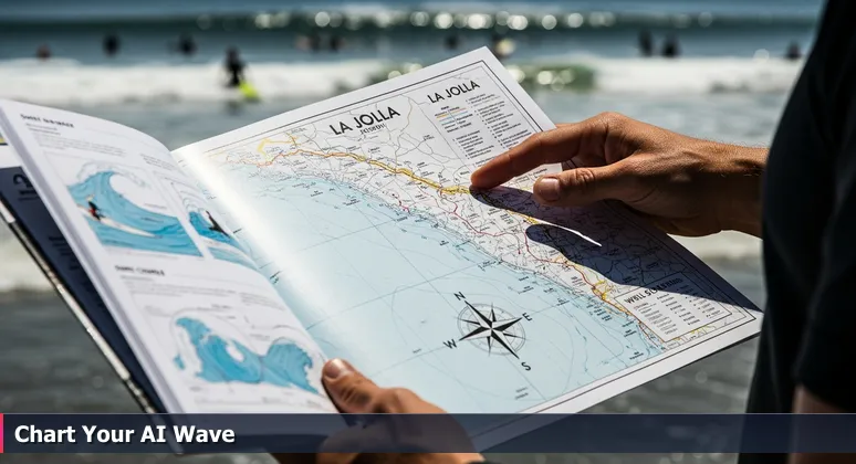 Close-up of a surfer's sandy hands studying a detailed map of La Jolla wave patterns, with ocean swells and surfers in the background, symbolizing AI career preparation in San Diego's tech ecosystem