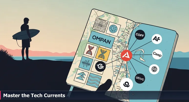 A surfer on coastal bluffs at dawn studies a map overlaid with tech icons like circuits and DNA helixes, symbolizing career navigation in San Diego's tech ecosystem.