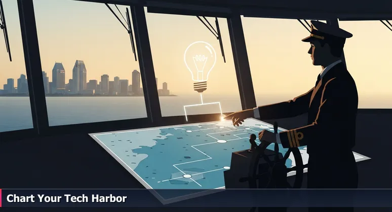 A ship's captain at dawn plotting a course on a nautical chart, with the San Diego tech corridor skyline visible through the window.