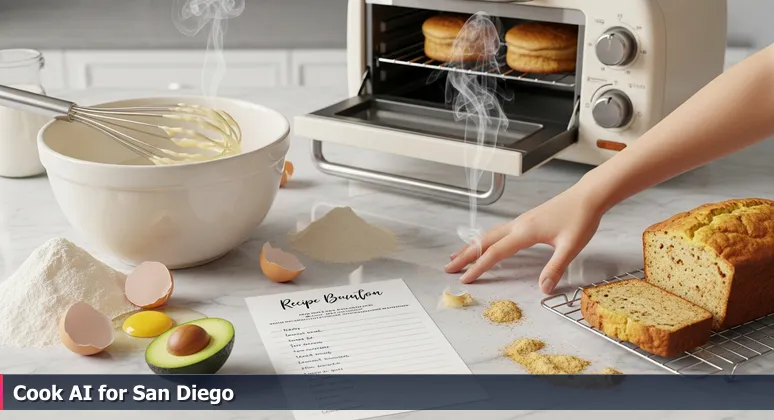 A recipe card on a marble countertop next to a messy mixing bowl with spilled ingredients, symbolizing the gap between AI theory and practical engineering in San Diego.