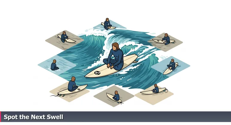 A surfer on a surfboard at Black's Beach in San Diego, calmly gazing at the ocean horizon under the morning sun, symbolizing the evaluation of top AI startups in the local ecosystem