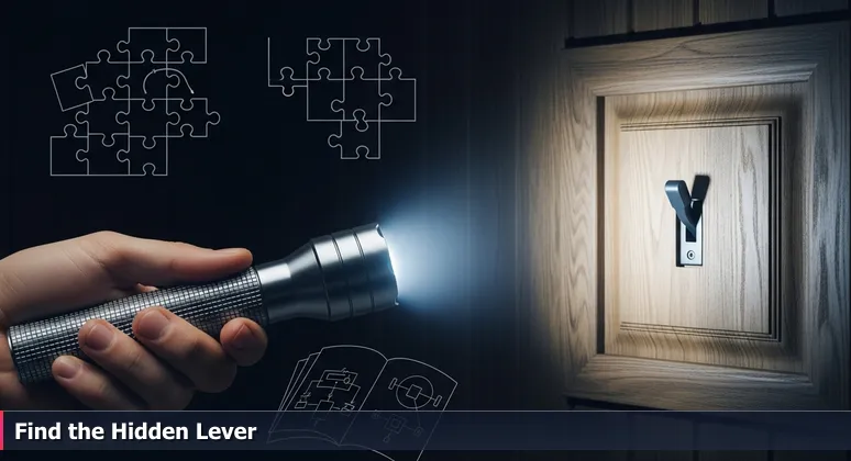 A hand holding a flashlight illuminates a hidden lever on a wooden panel in a dark escape room, symbolizing the discovery of funding options for tech training in San Diego.