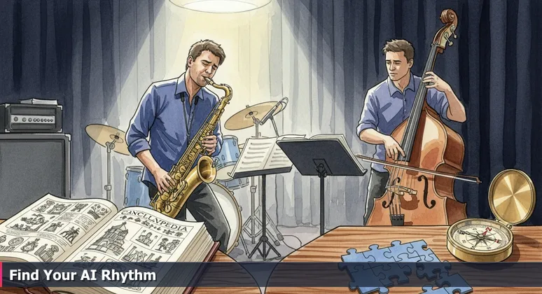 Saxophonist and bassist performing in a jazz club in San Diego's Gaslamp Quarter, symbolizing AI collaboration and networking.